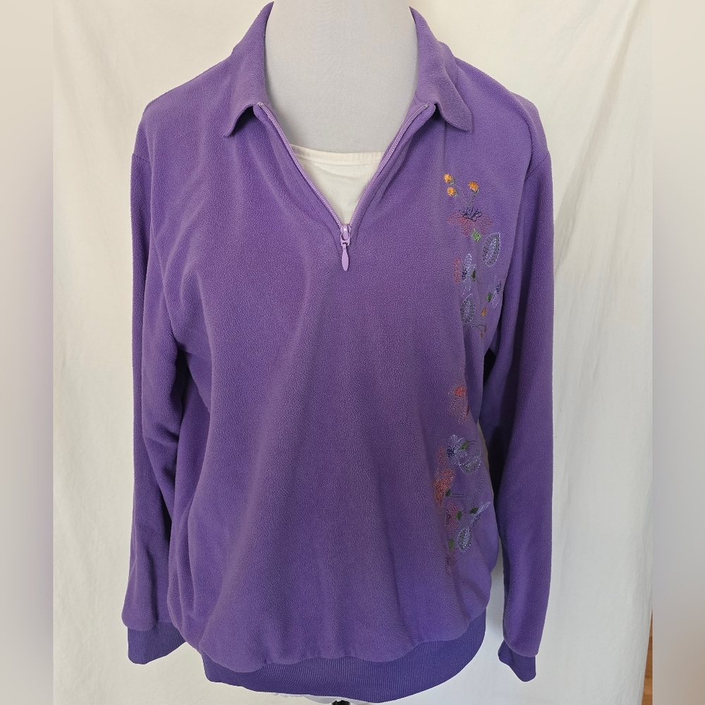 Comfort Corner Collared Quarter Zip Purple Embroidered Pullover Sweatshirt